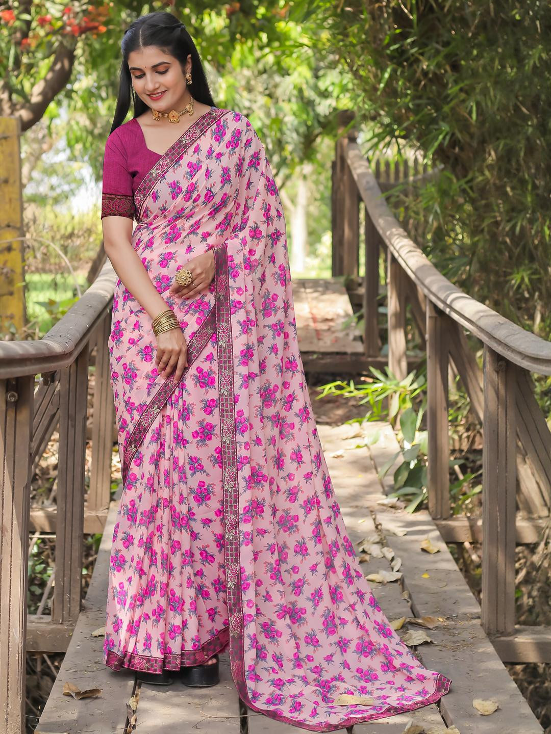 KANOODA Women Multi Colored Floral Printed Pure Georgette Bandhani Saree