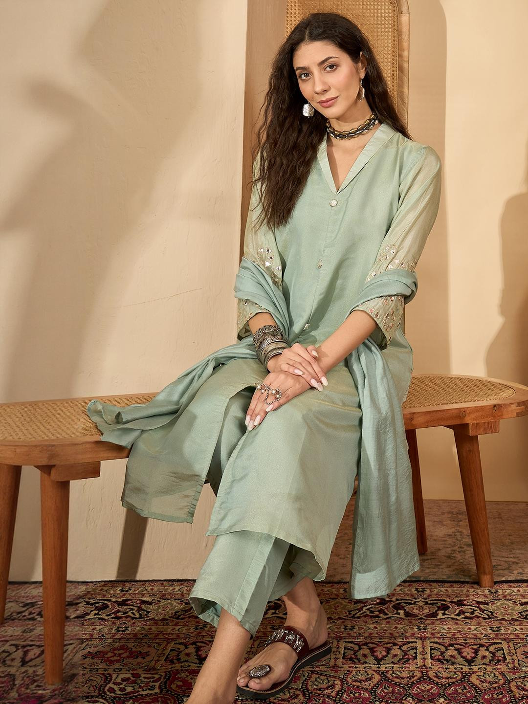 Sangria Women Pista Solid Silk Blend A-Line Kurta Pant Dupatta Set