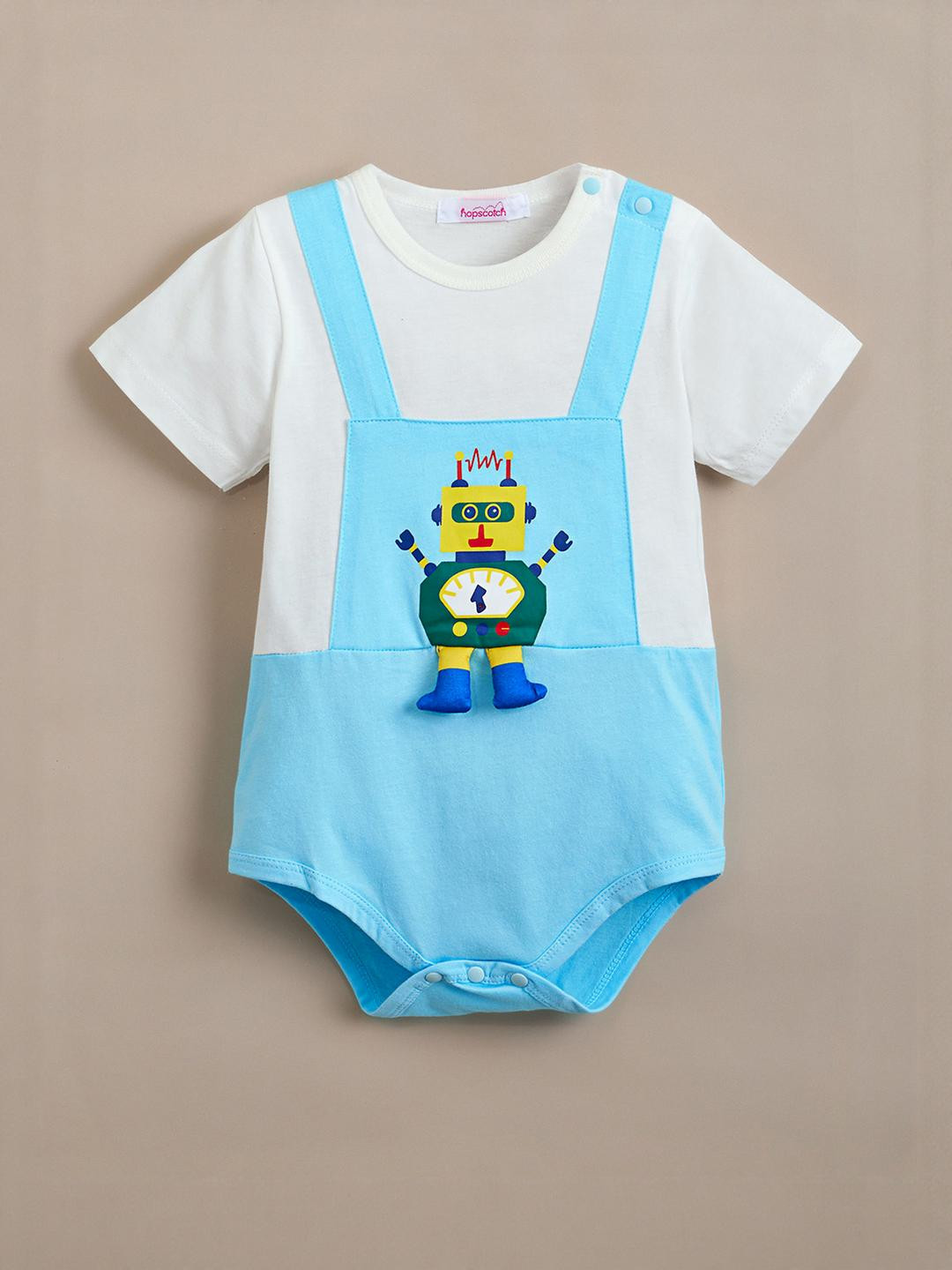 Hopscotch Boys Blue & White Robo Kingdom Cotton Onesie