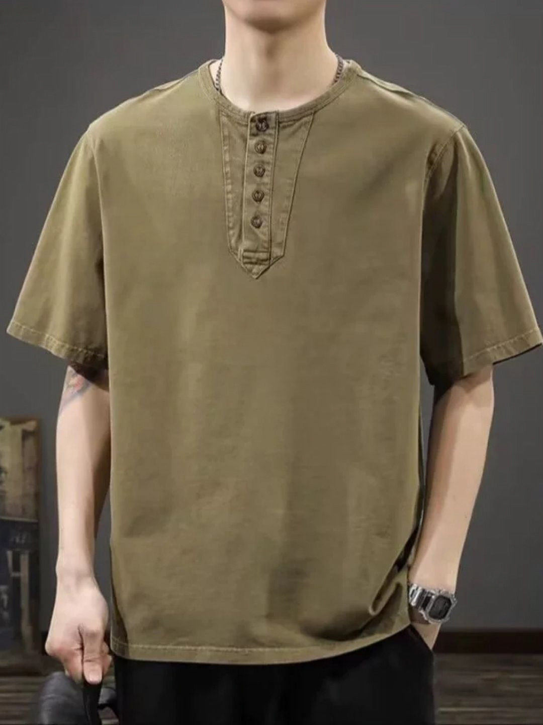 Relaxed Fit Henley Neck T-shirt with Short Sleeves