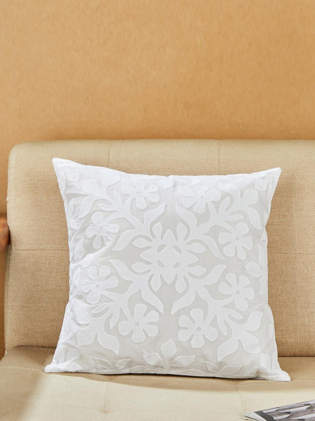 Fabindia Asta White & Grey Embroidered Cotton Square Cushion Cover