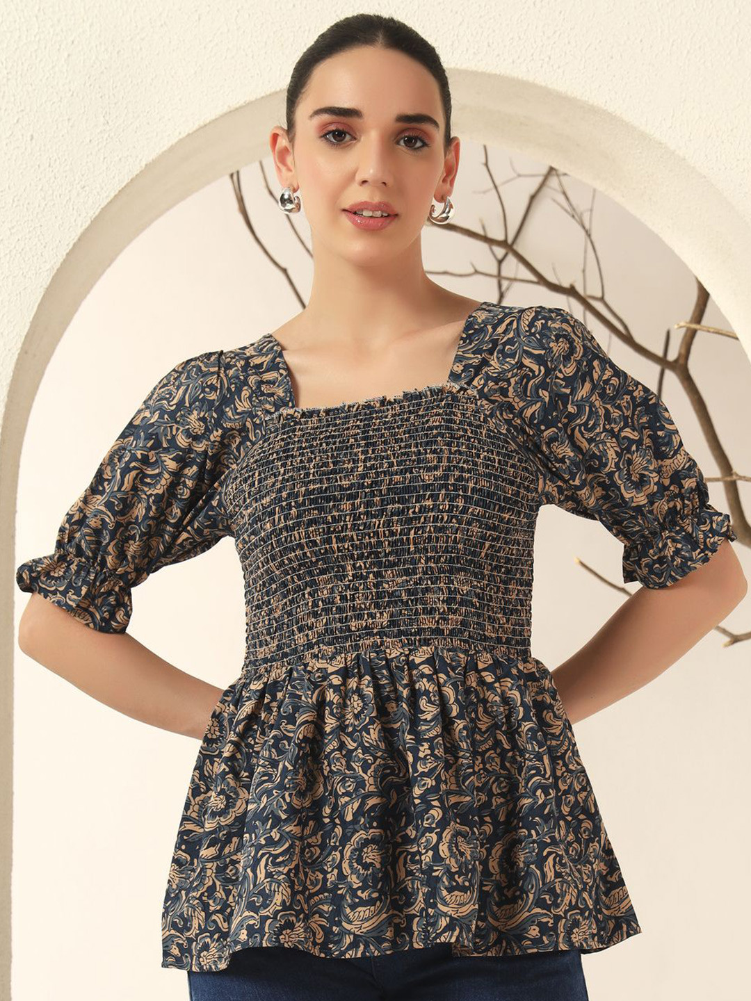 ZWERLON Women Ethnic Motifs Printed Smocked Puff Sleeve Peplum Top