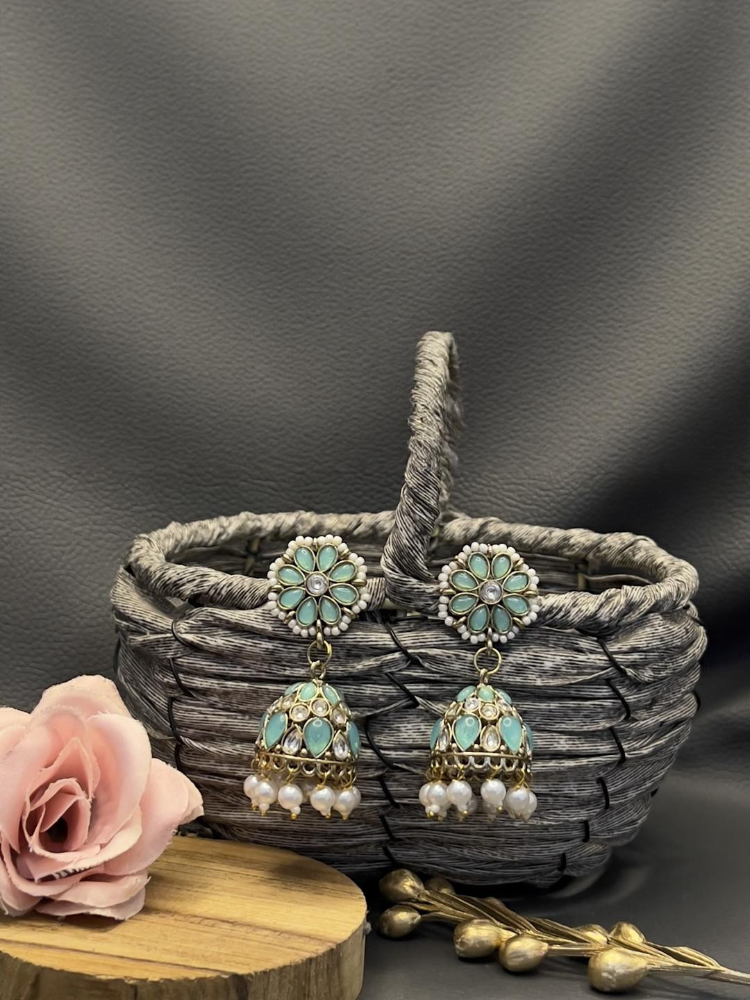 Fashion Theme Women Turquoise Blue Artificial Stones and Beads Handcrafted Ethnic Jhumkas