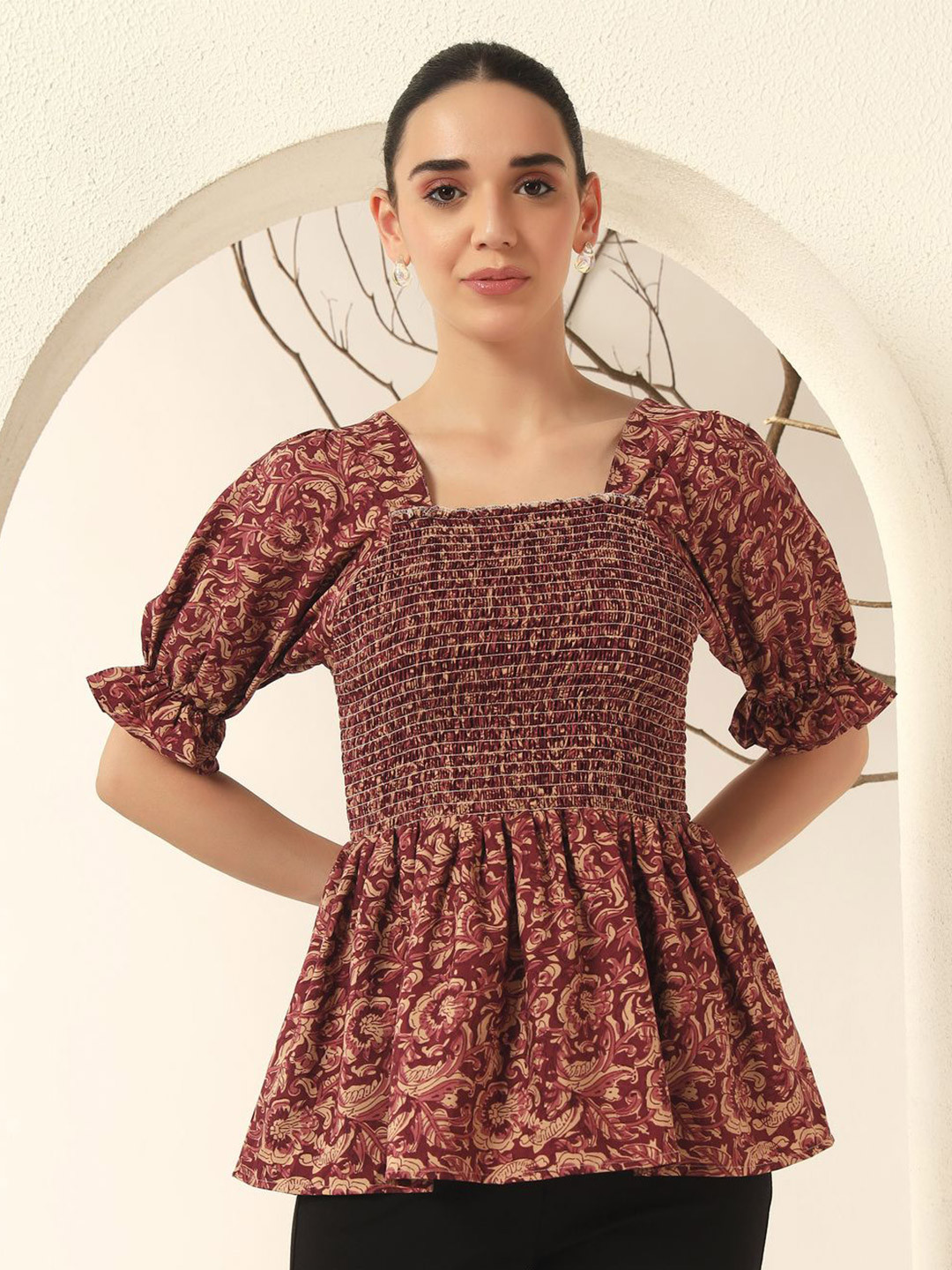 OTABU Women Floral Printed Puff Sleeve Smocked Peplum Top