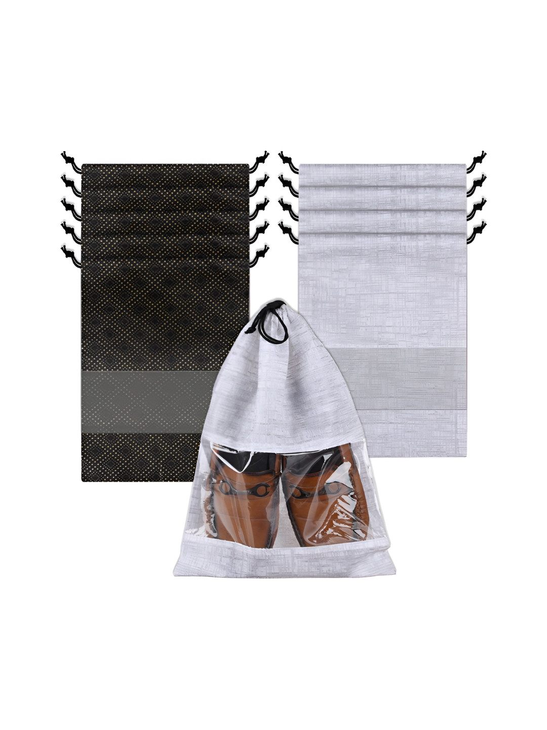 Aura Grey & Black 10 Pieces Printed Shoe Bags With Transparent Windows