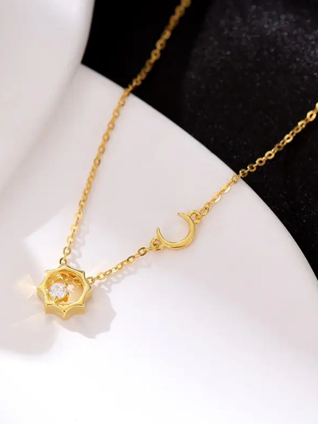 FAB COUTURE Sterling Silver Gold-Plated Cubic Zirconia Moon and Star Pendant with Chain