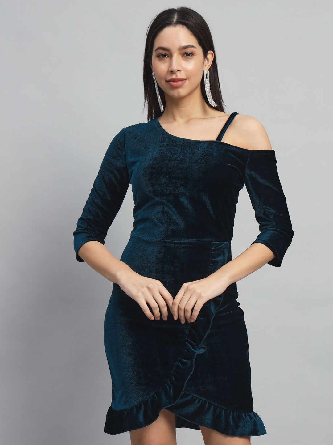 VAARARO Women Velvet Sheath Mini Dress With Ruffles Details