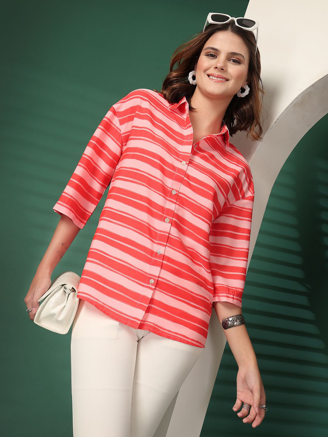 EVERYDAY by ANI Women Classic Fit Horizontal Striped Spread Collar Casual Shirt