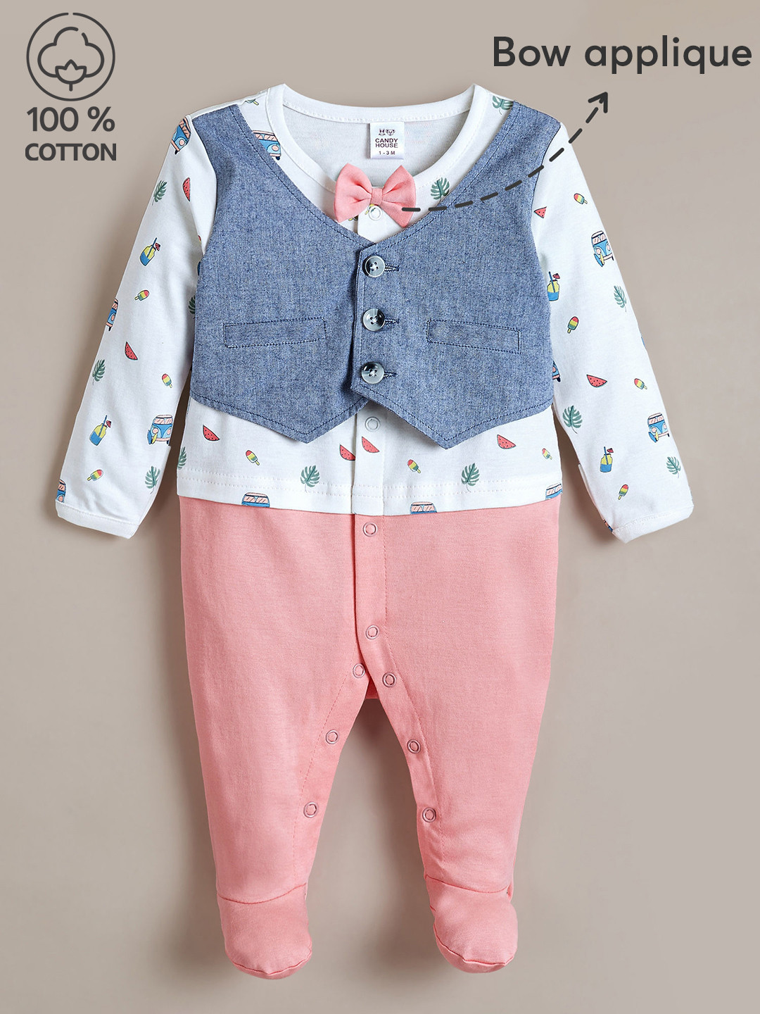 Hopscotch Boys White & Peach Printed Round Neck With Bow & Waistcoat Cotton Body Suit