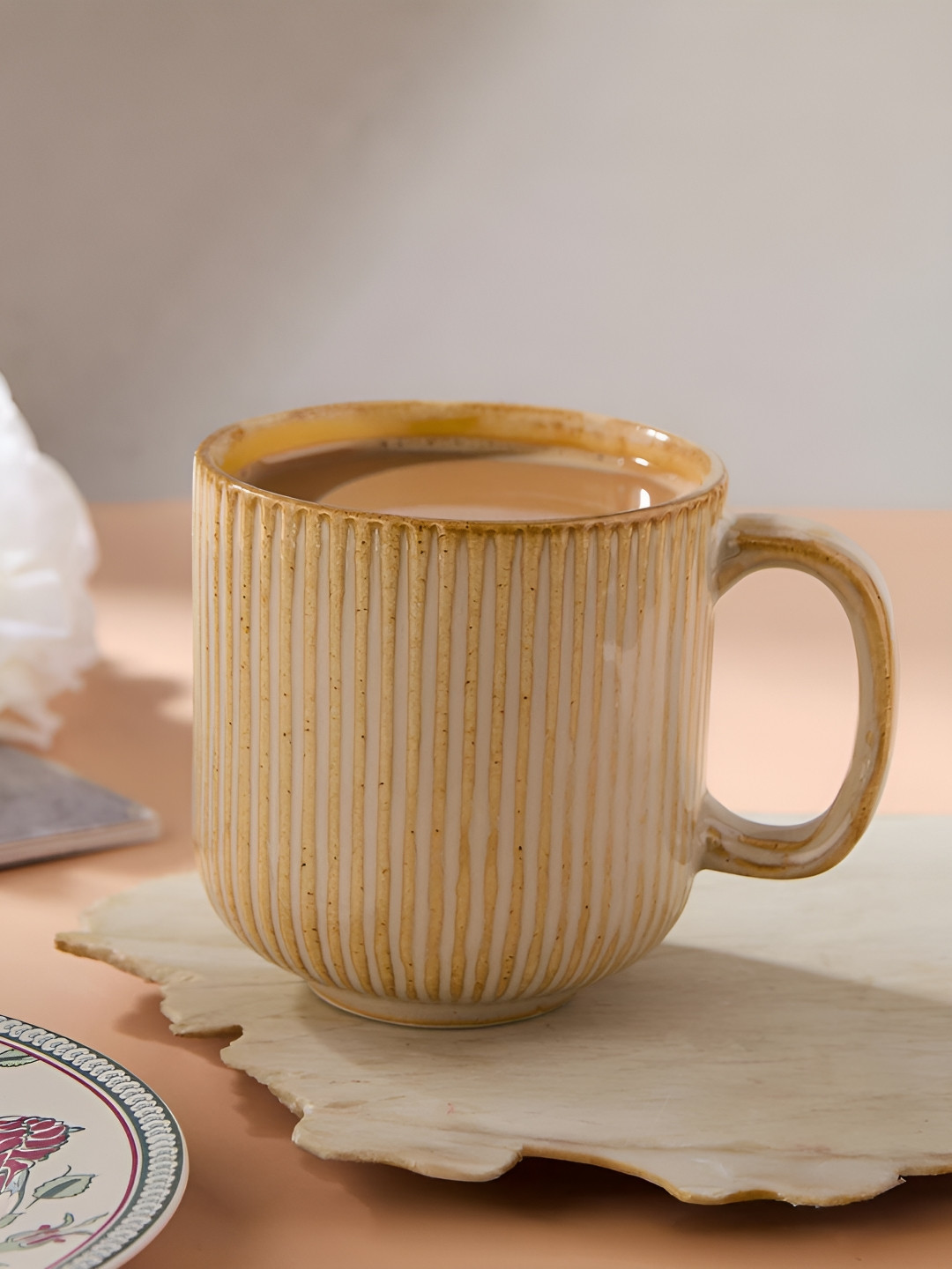 Fabindia Viransha Beige & Brown Textured Ceramic Glossy Mug 300ml