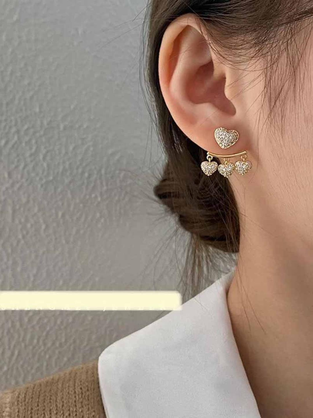 TheVineGirl Korean Studded Heart Tassels Shiny Stud Earrings