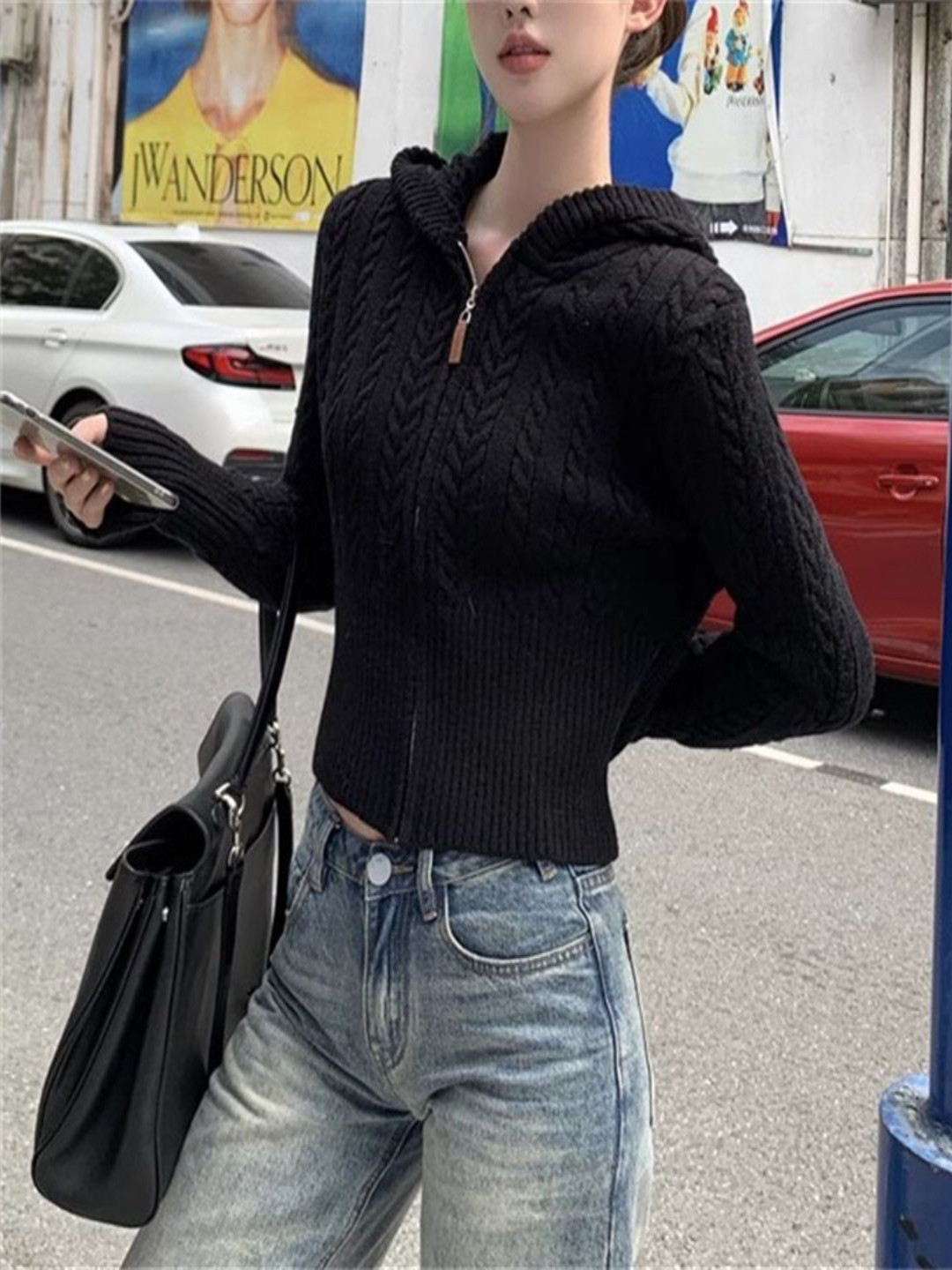 bebe Cable Knit Striped Hoodie Cardigan with Zip Detail