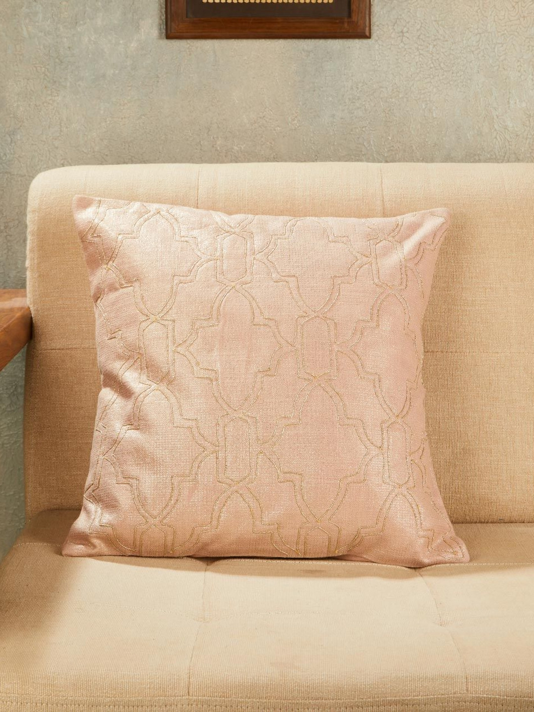 Fabindia Zara Pink & Gold Toned Embroidered Square Cushion Cover