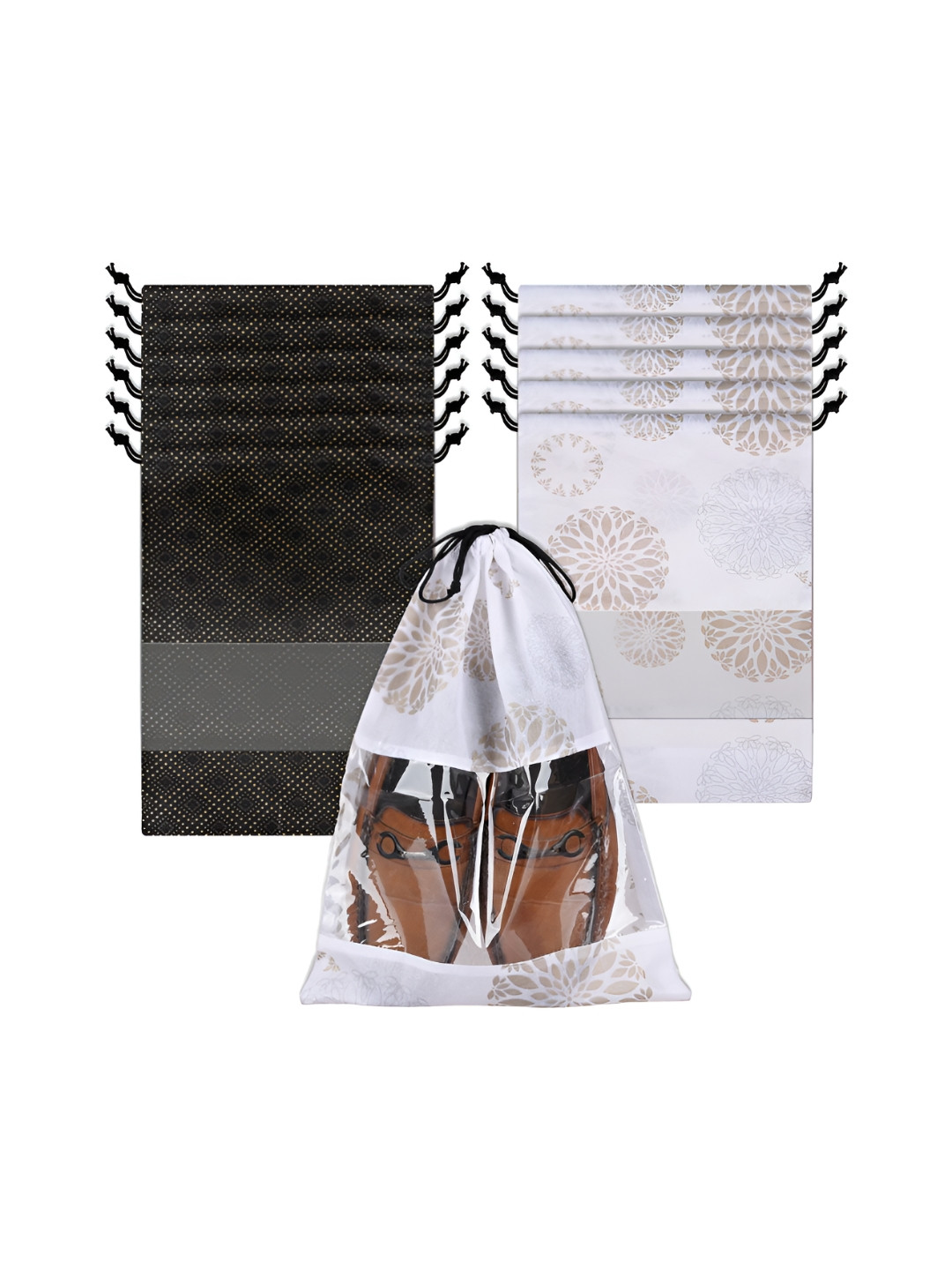 Aura White & Black 12 Pieces Printed Shoe Bags With Transparent Window