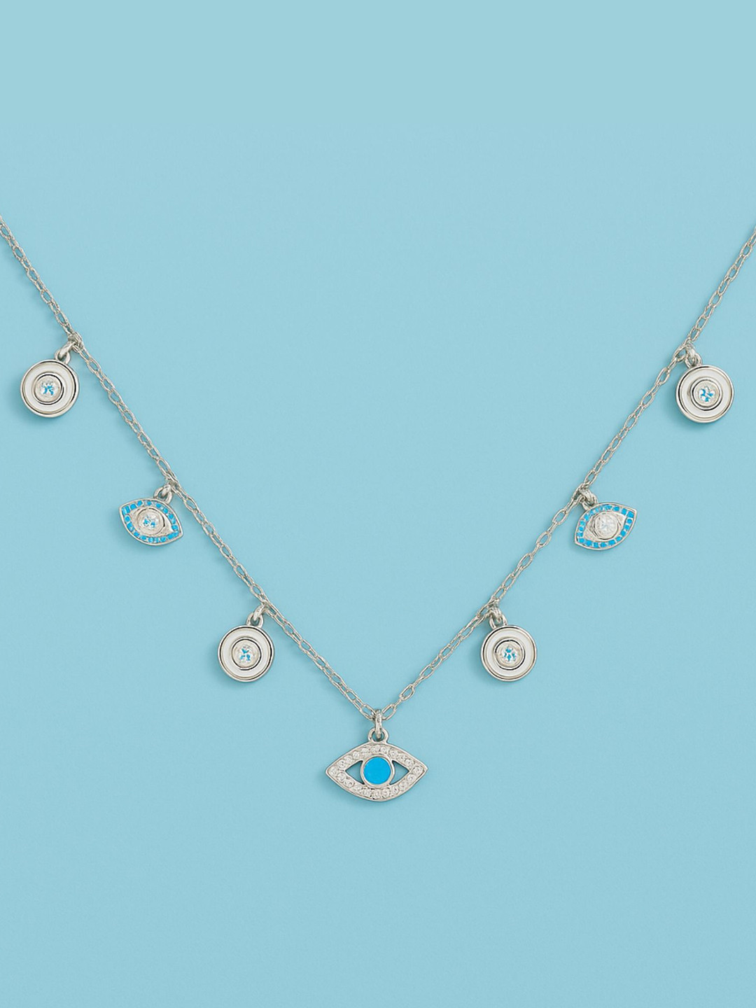 Tora Sterling Silver Rhodium-Plated Cubic Zirconia Studded Evil Eye Charm Minimal Necklace