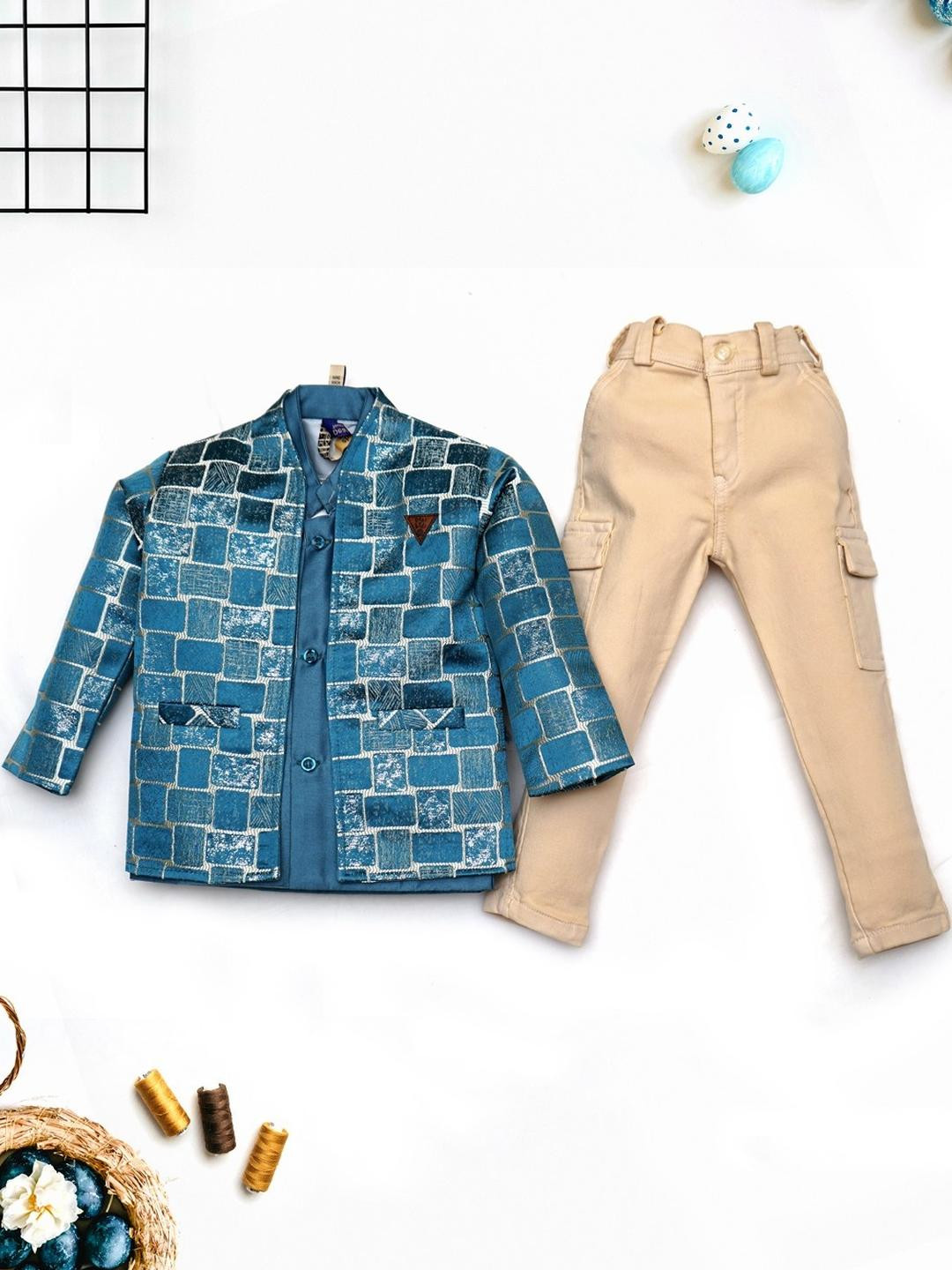 YK Boys Festive Blue Jacquard Jacket & Beige Cargo Pants Set