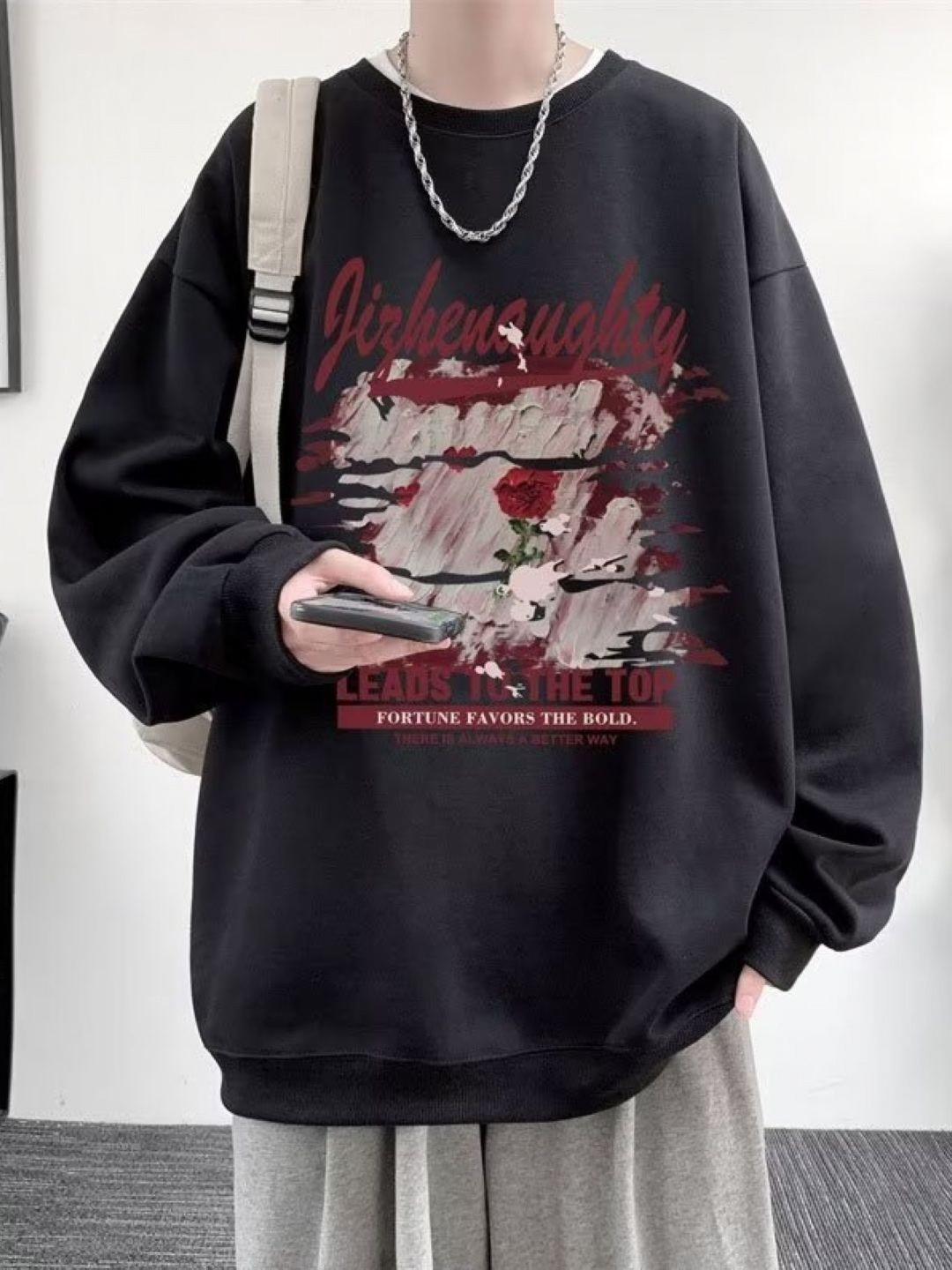 Oversized Graphic Printed Round Neck Long Sleeve T-shirt