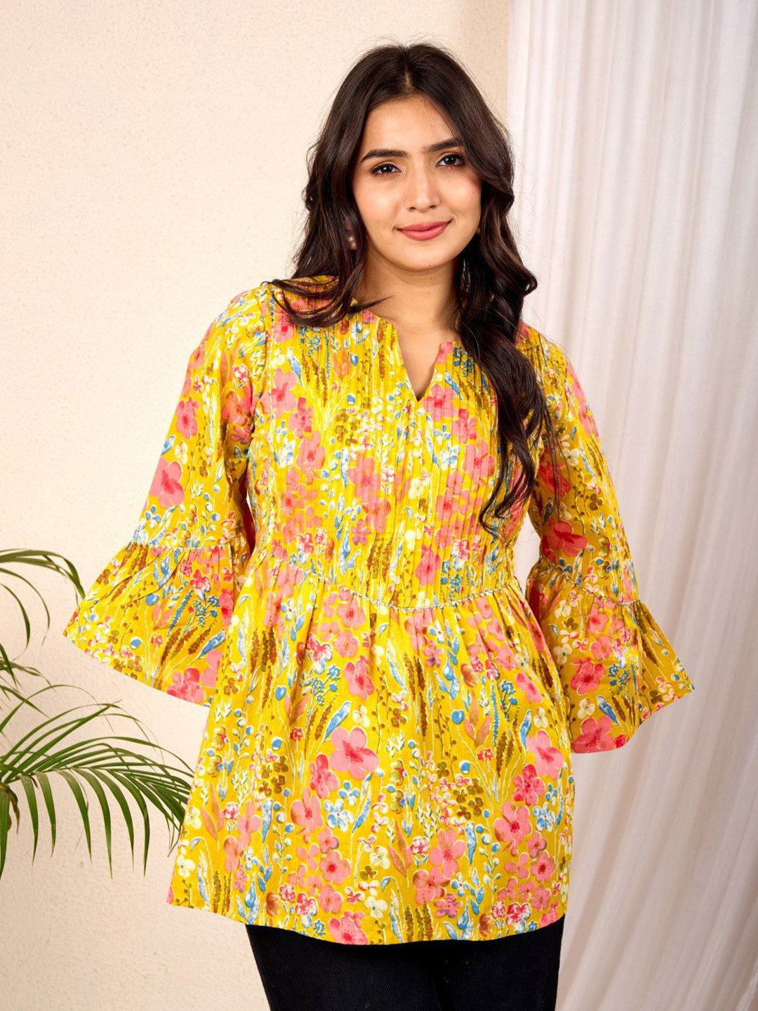 Le Mec Floral Print Bell Sleeve Cotton Top