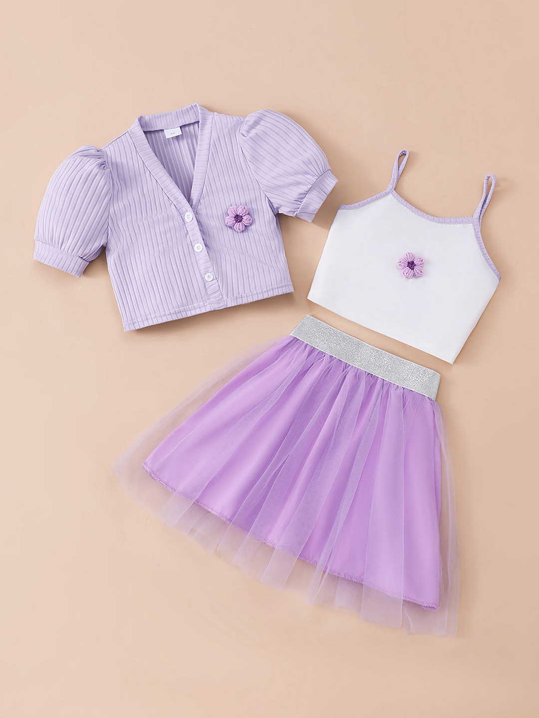 3-Piece Floral Applique Skirt Set