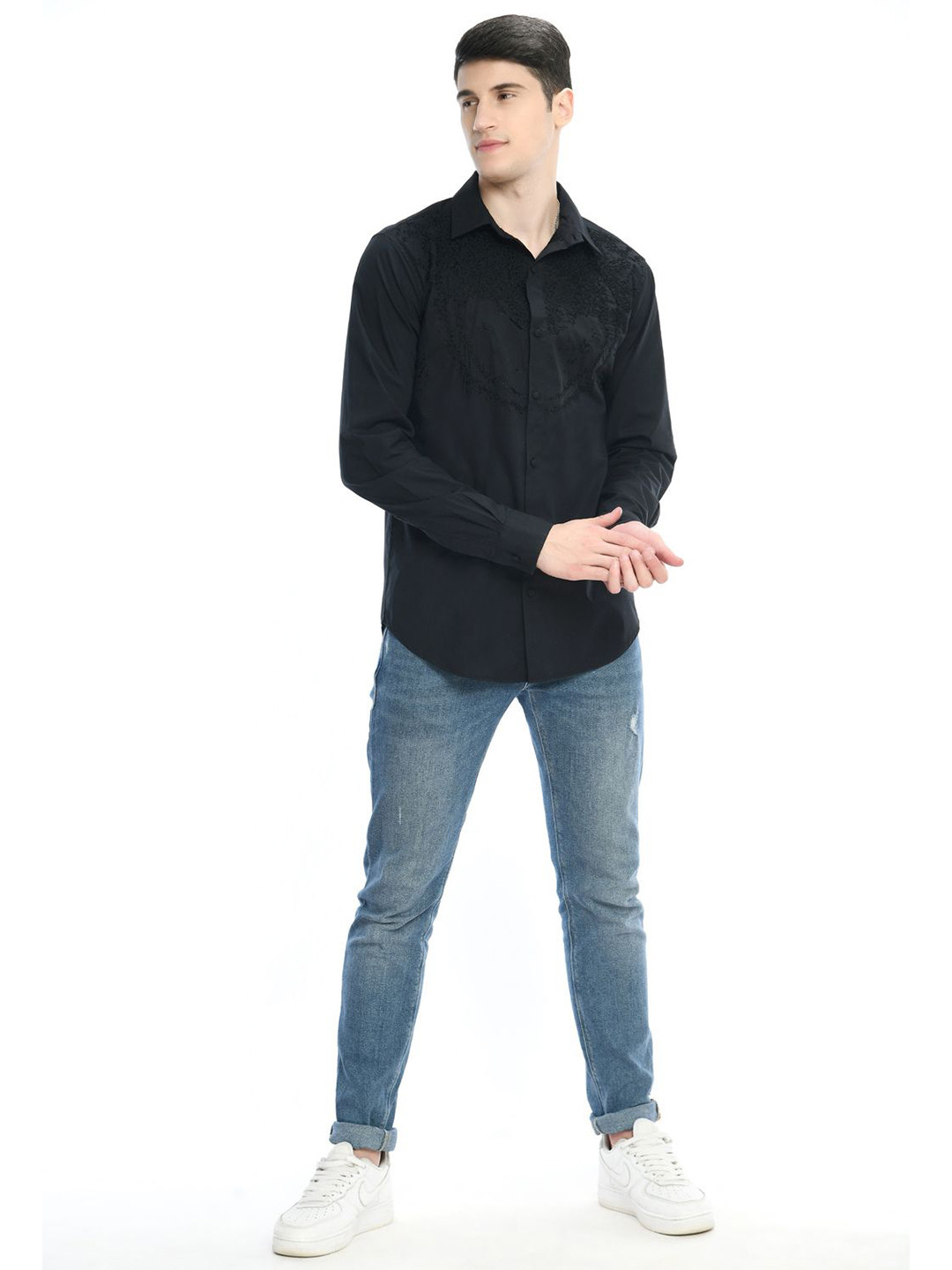 SAMANT CHAUHAN Spread Collar Self Design Relaxed Cotton Shirt