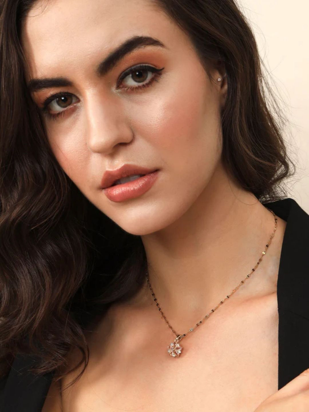 FAB COUTURE Stainless Steel Gold-Plated CZ-Studded Waterproof  Rosette Pendant With Chain