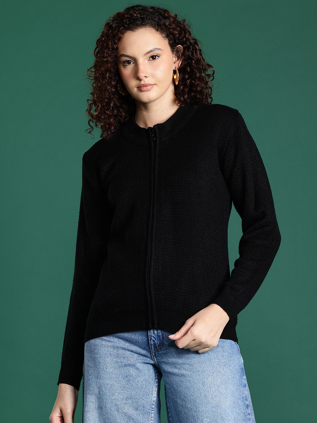 Cayman Cable Knit Round Neck Zip-Up Cardigan