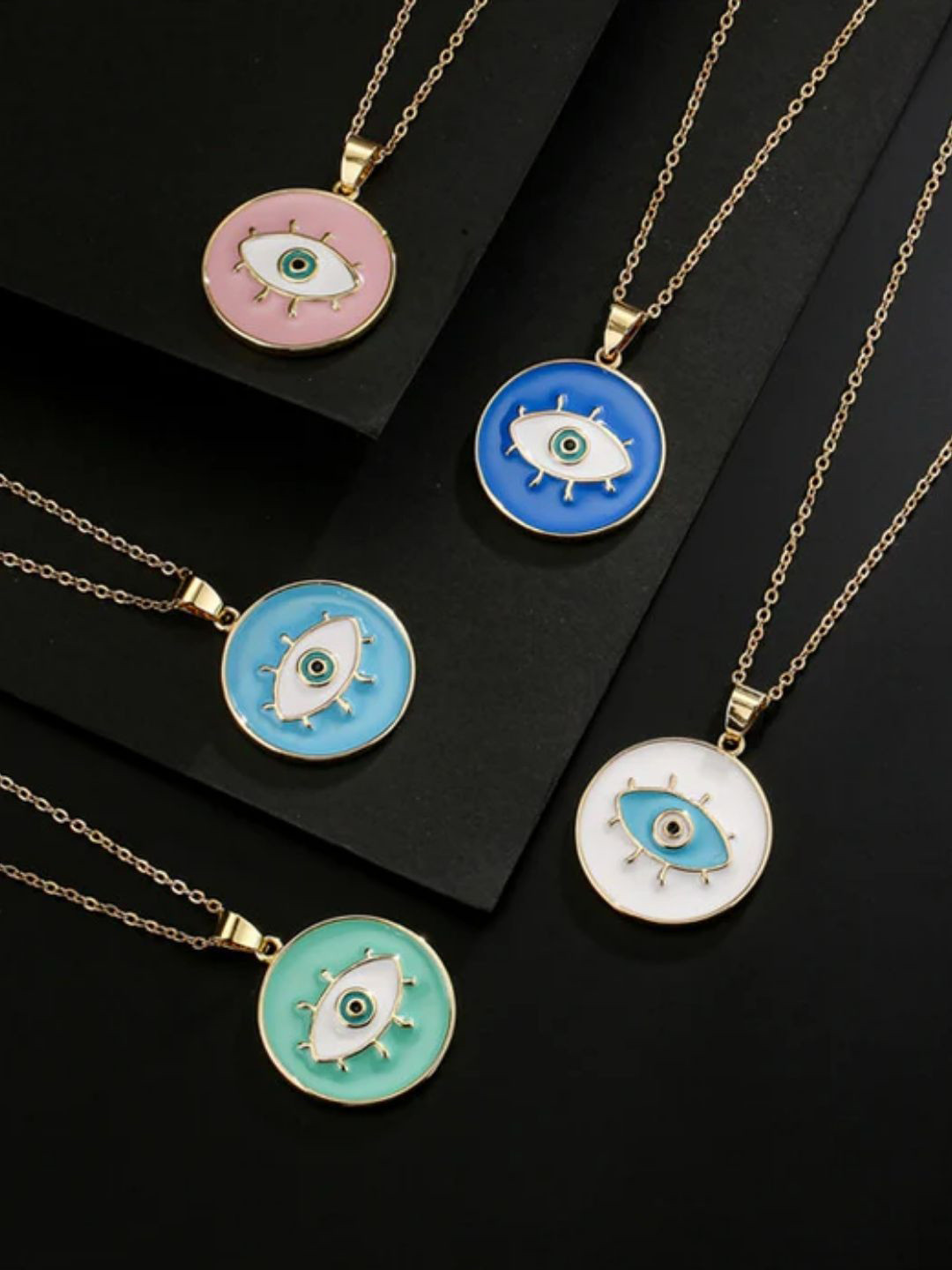 FAB COUTURE Gold-Plated Circular Evil Eye Coin Pendants with Chains
