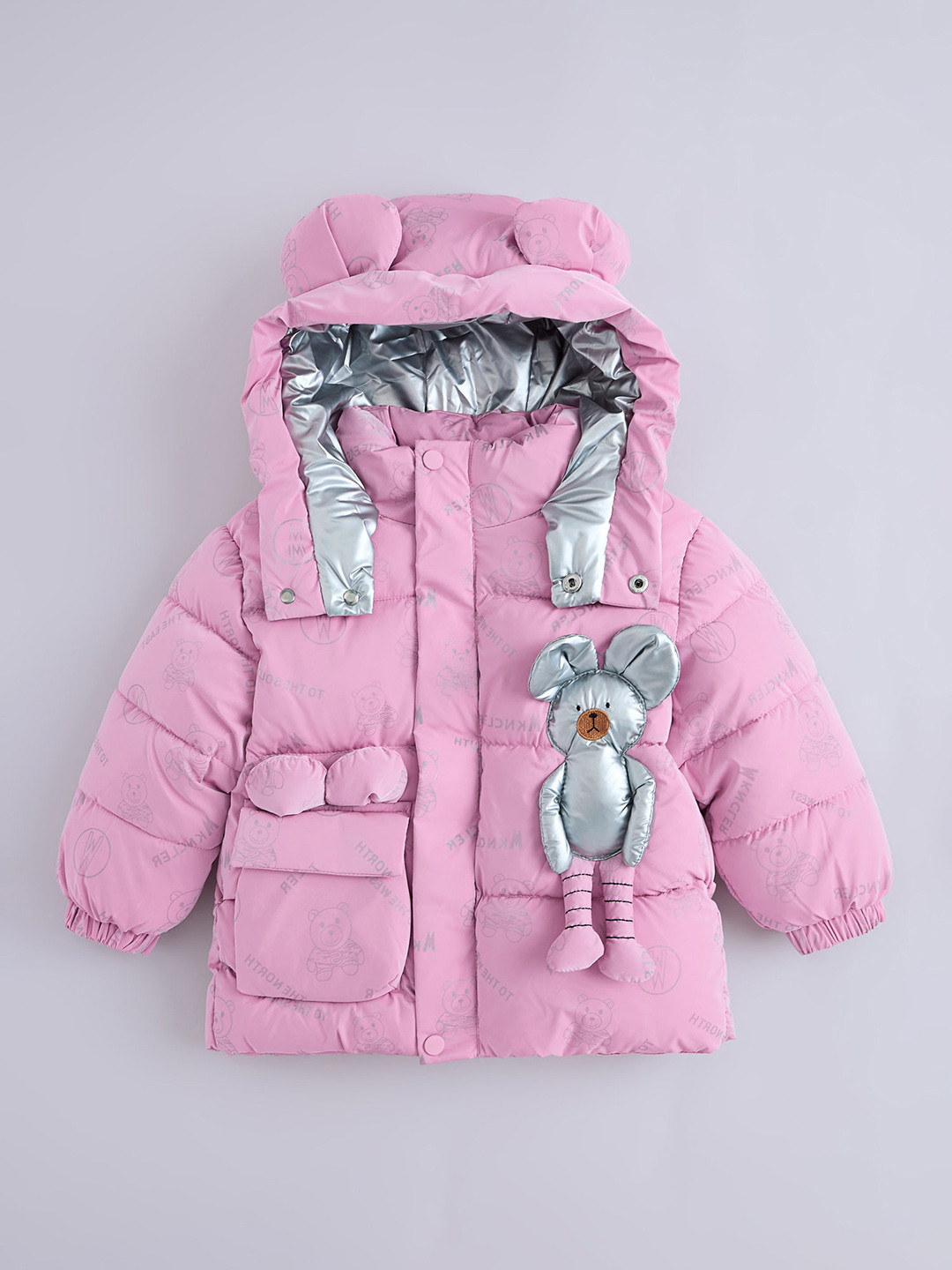 Hopscotch Kids Girls Silver Teddy Bear Applique Pink Long Coat