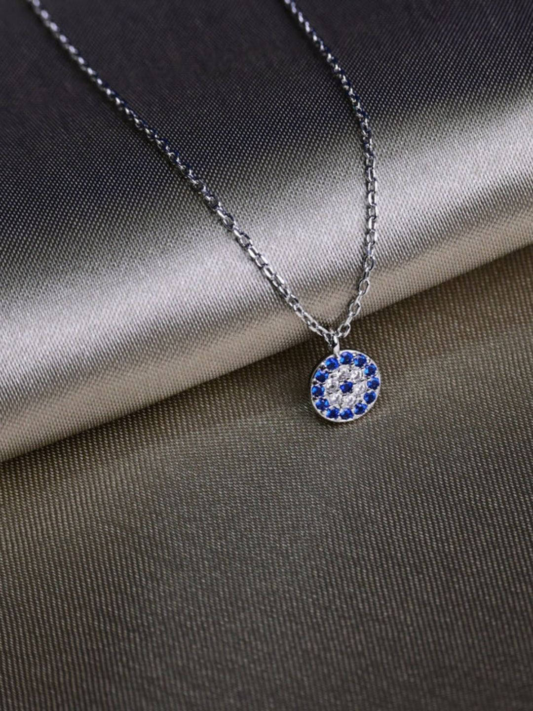 FAB COUTURE Silver-Plated CZ Bluestone Evil Eye Circular Pendants with Chains