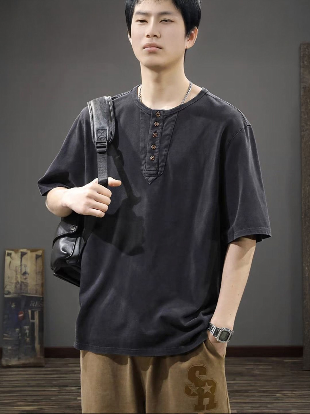 Henley Neck Relaxed Fit Short Sleeve T-shirt