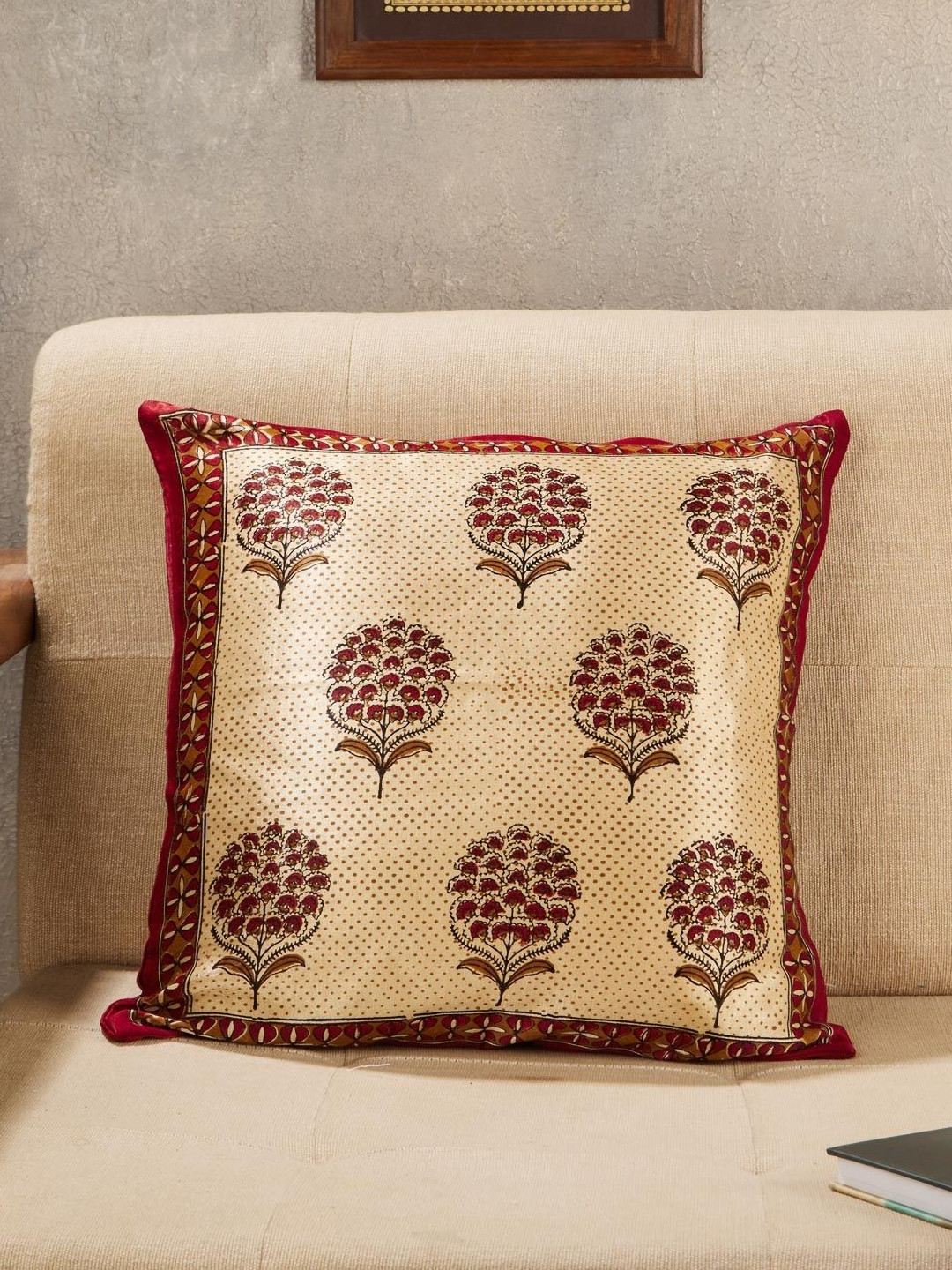 Fabindia Bagru Red & Beige Printed Square Cushion Cover