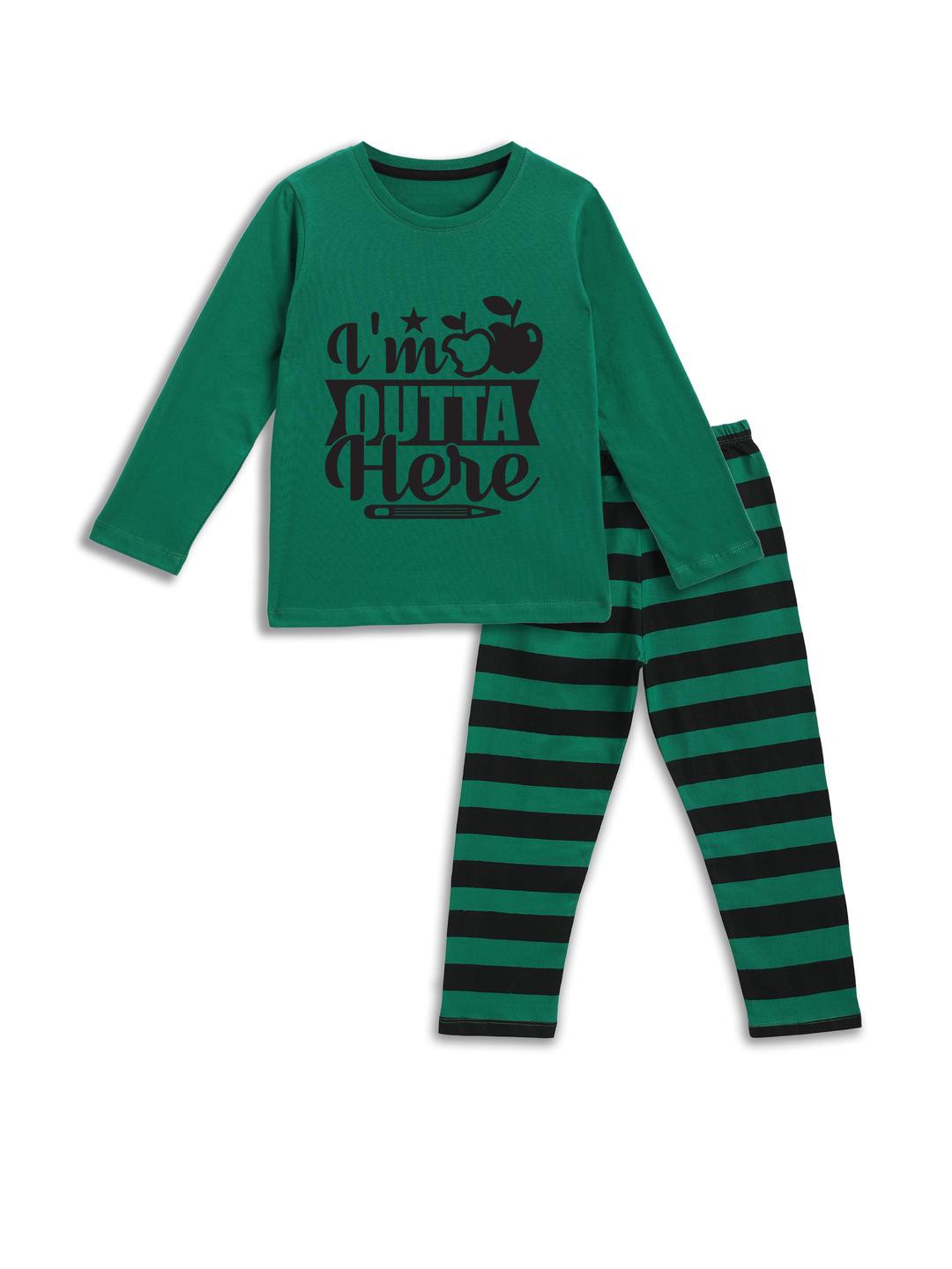 YK Boys Green & Black Printed Cotton T-Shirt With Striped Pyjama Night Suit