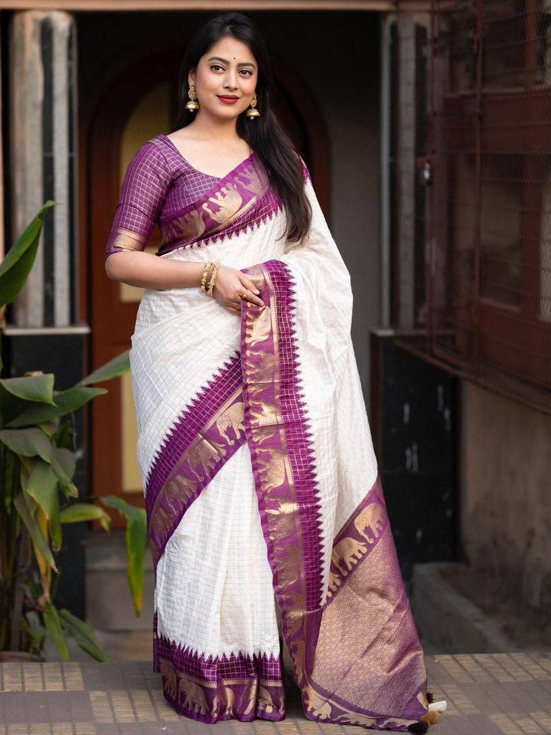 GHAN SALS Purple & White Ethnic Motifs Printed Zari Silk Blend Kanjeevaram Saree