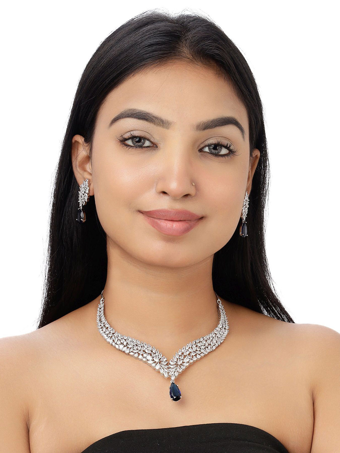 VELVET IMPERIAL Gold Plated American Diamond Studded Necklace & Earrings