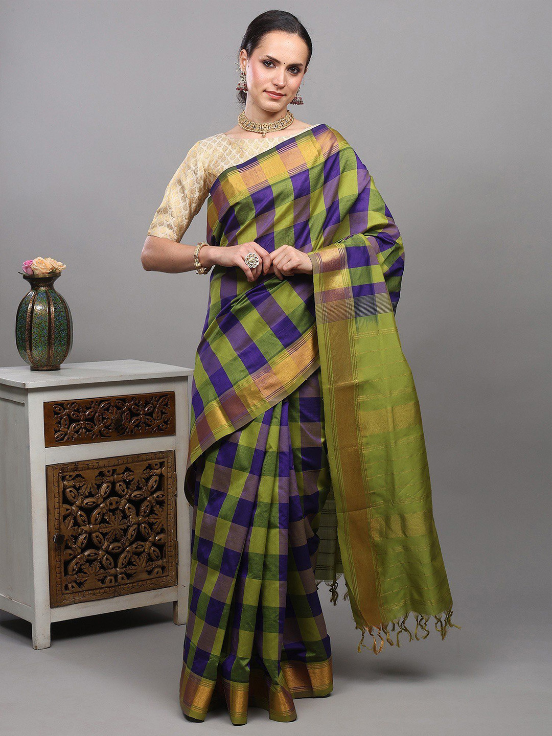 Exotic India Buffalo Check woven Saree with Zari Thread Stripe Border from Bangalore