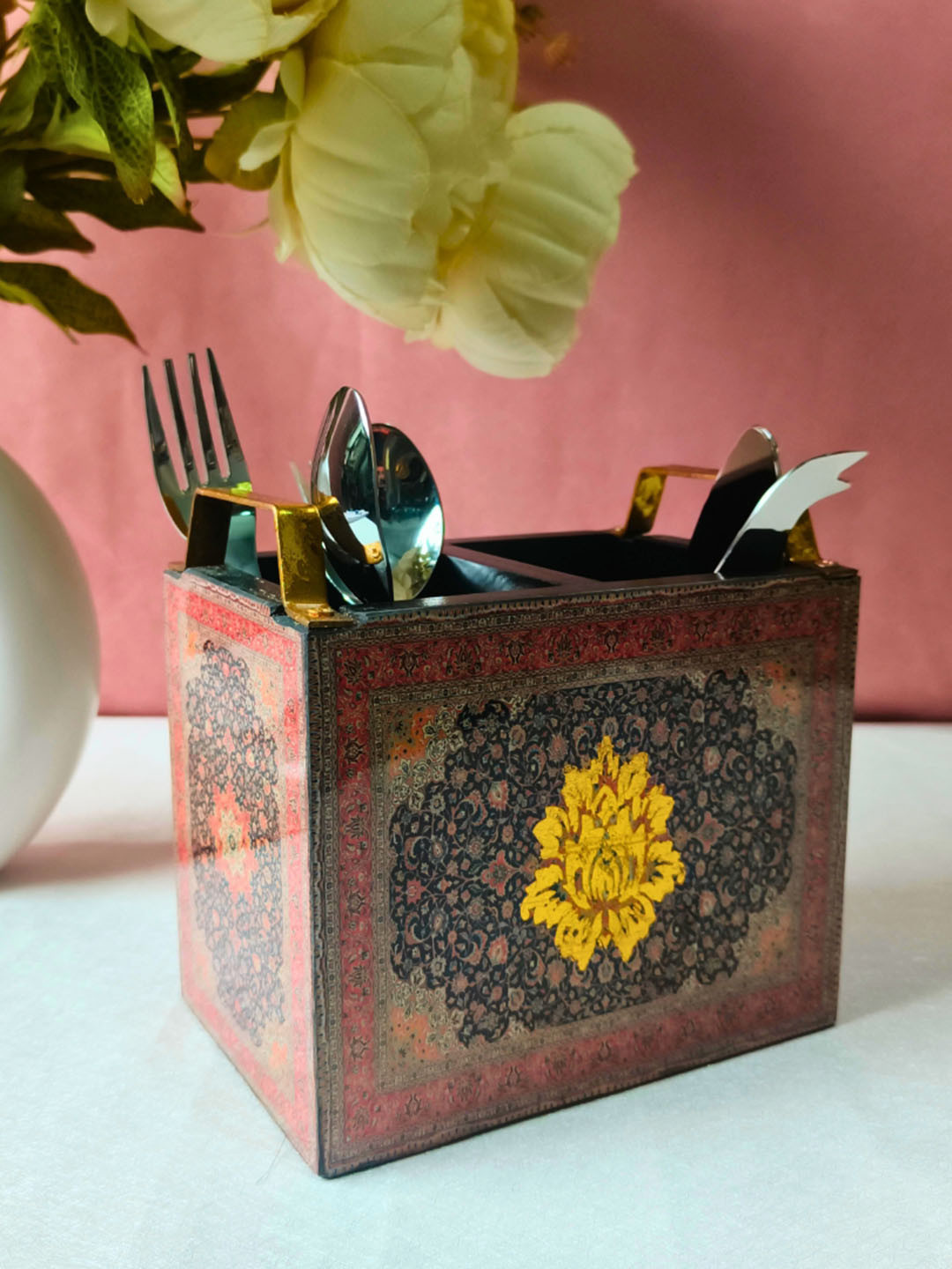 THE HOME CO. Maroon & Black Printed Wooden Cutlery Holder With 2 Partition Caddy