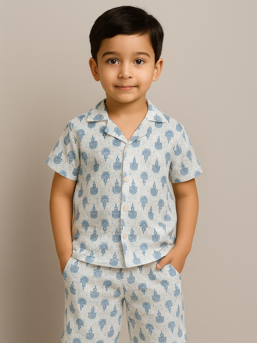 YK Unisex Kids Blue Printed Causal Shirt Collar Cotton Blend Short Sleeves Clothing Set