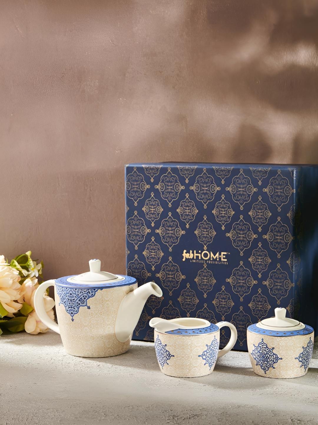 Fabindia Gulmohar White & Blue 3 Pieces Printed Tea Set