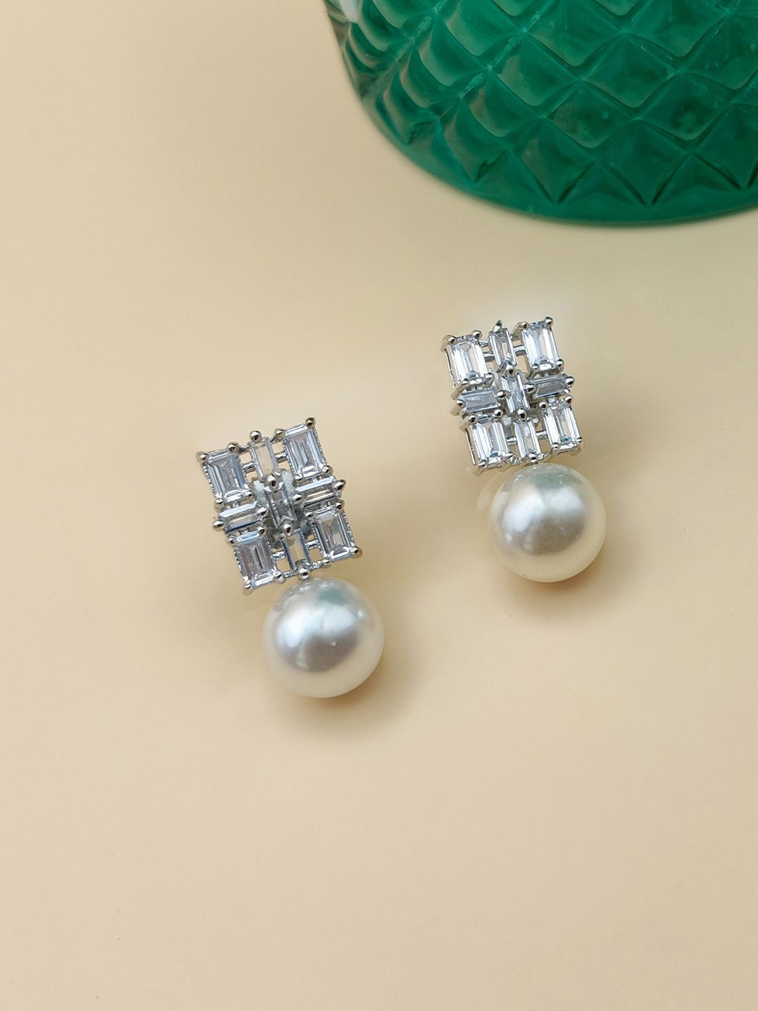 Ruh By Ruchi Tandon Rhodium-Plated Zircon Studded & Pearls Beaded Square Drop Earrings