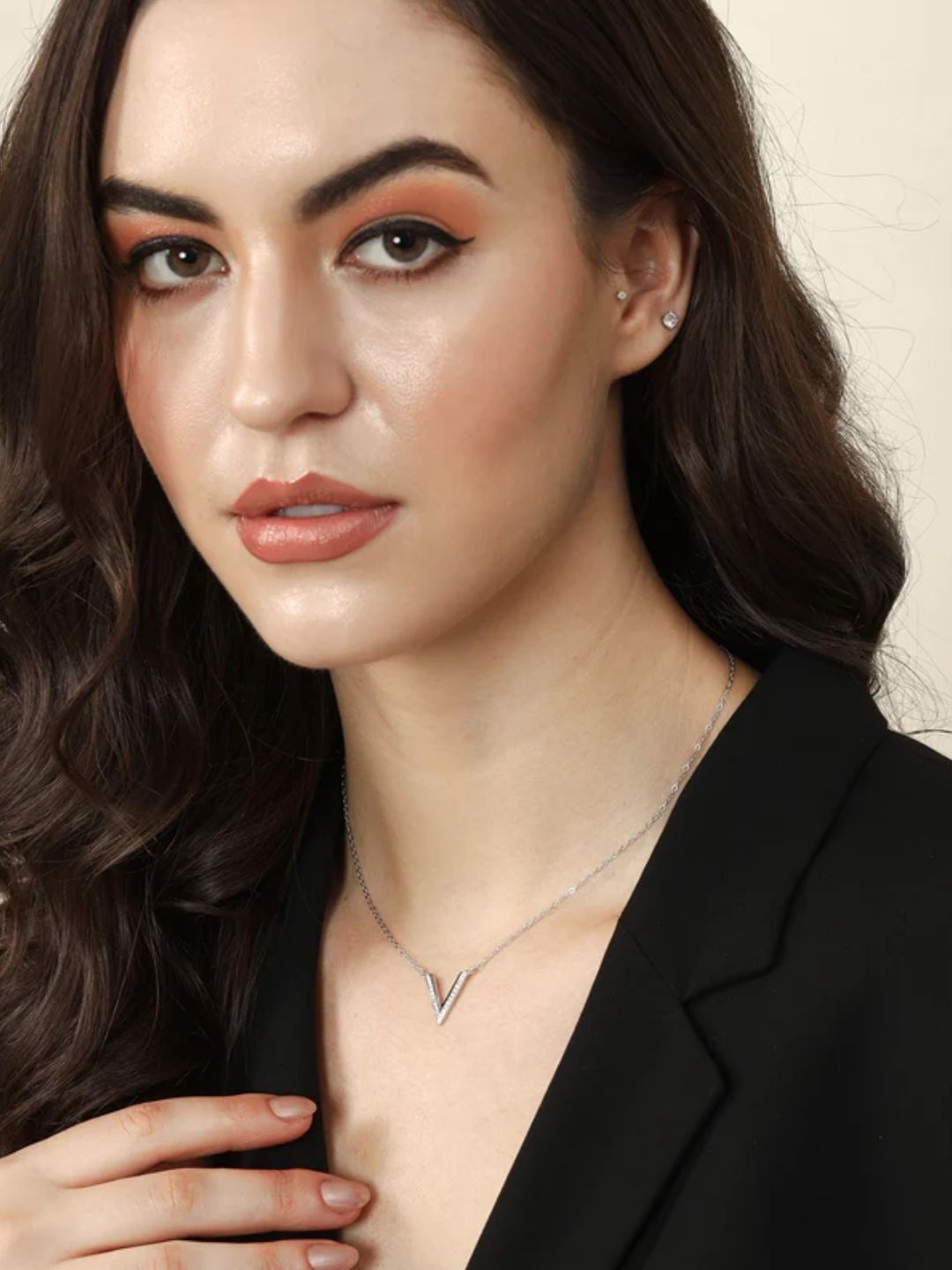 FAB COUTURE Sterling Silver-Plated Artificial Stones Studded Vogue V Chain