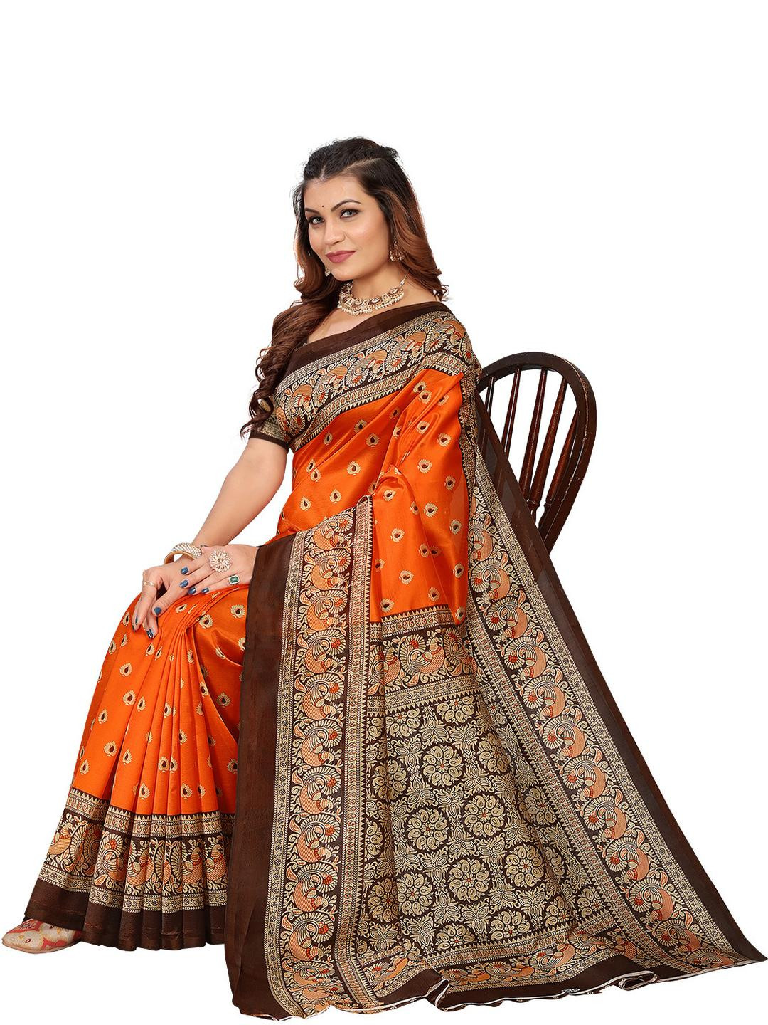 KANOODA Mustard and Brown and Orange Floral Art Silk Bhagalpuri Saree
