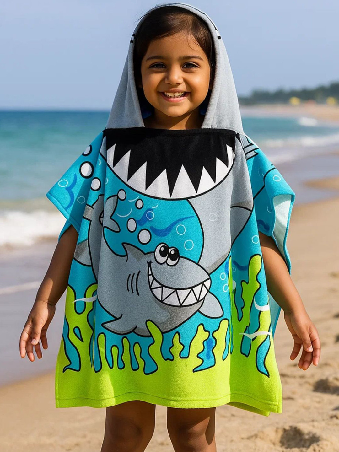Famyo Blue & Grey Cute Shark Design Poncho Towel for Kids (1-7 years)