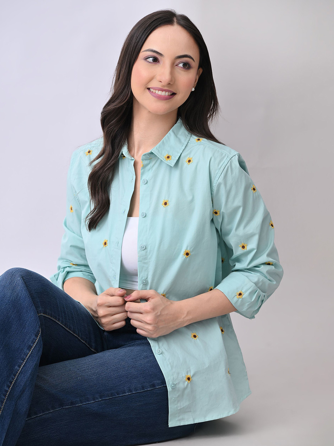 BEVOLKEN Women Comfort Fit Floral Printed Spread Collar Cotton Casual Shirt
