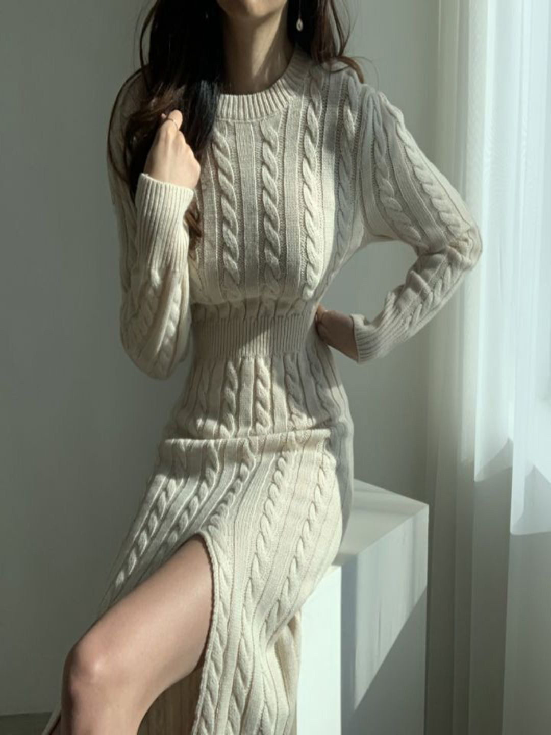 bebe Women Cable Knit Slits Bodycon Maxi Dress