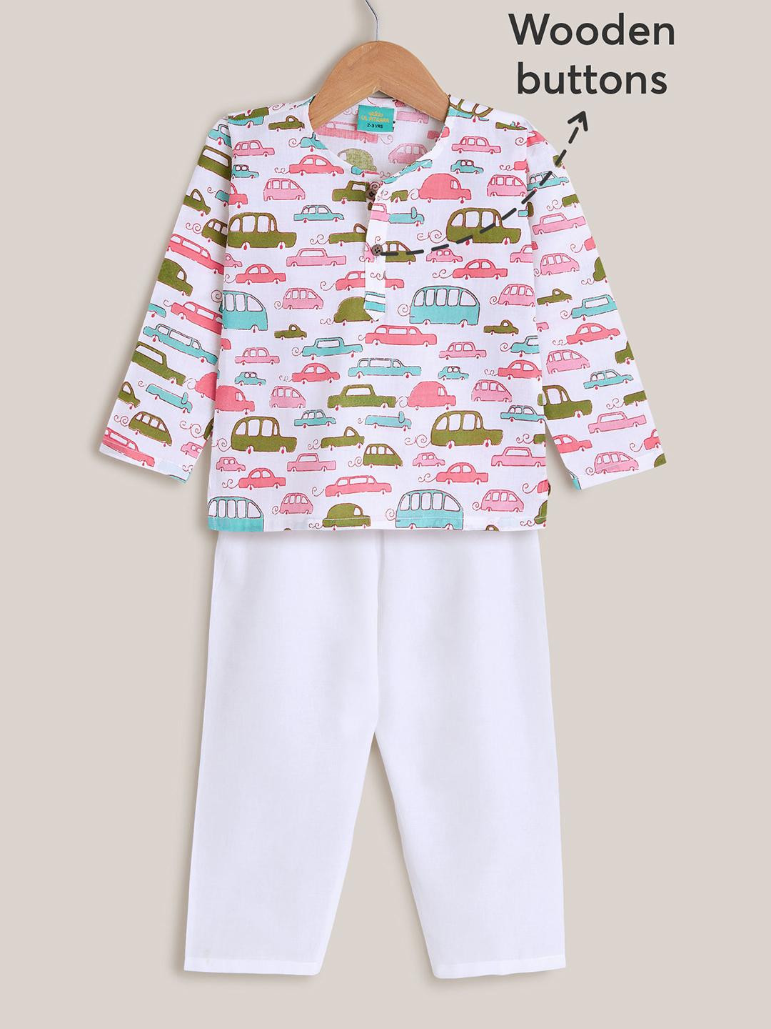 Hopscotch Boys Pink And White 2-Pc Retro Round Neck Car Parade Cotton Pajama Set