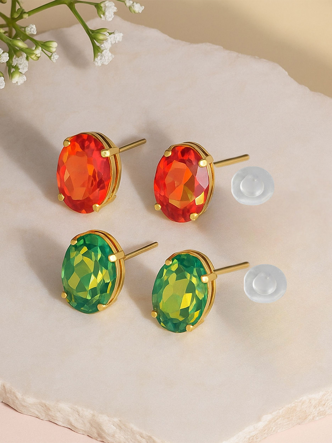 MANSIYAORANGE Set Of 2 Gold-Plated Crystals Studded Korean Oval Shaped Studs