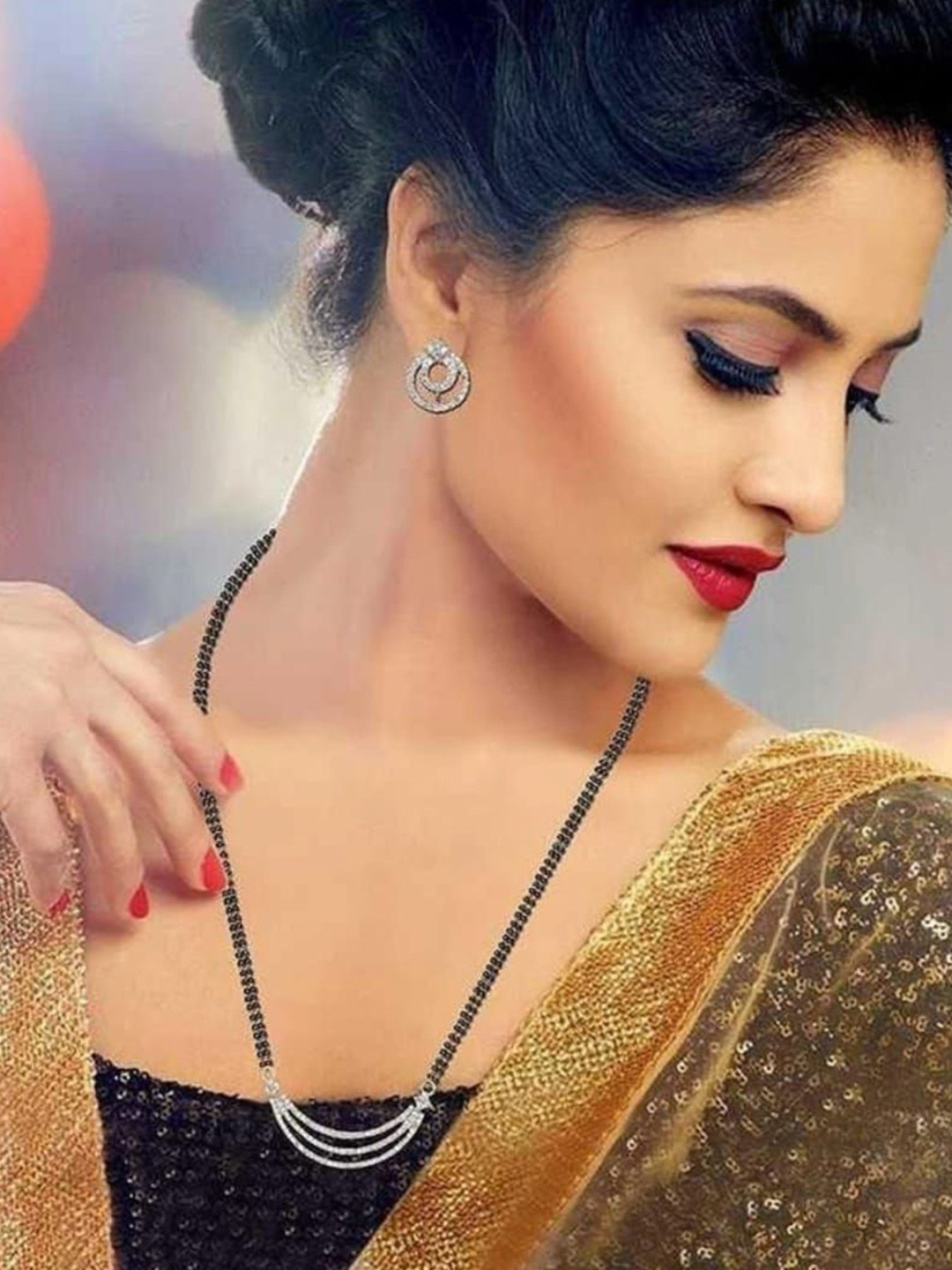 RS Jewellers Artificial Stones Studded & Beaded Mangalsutra With Earrings