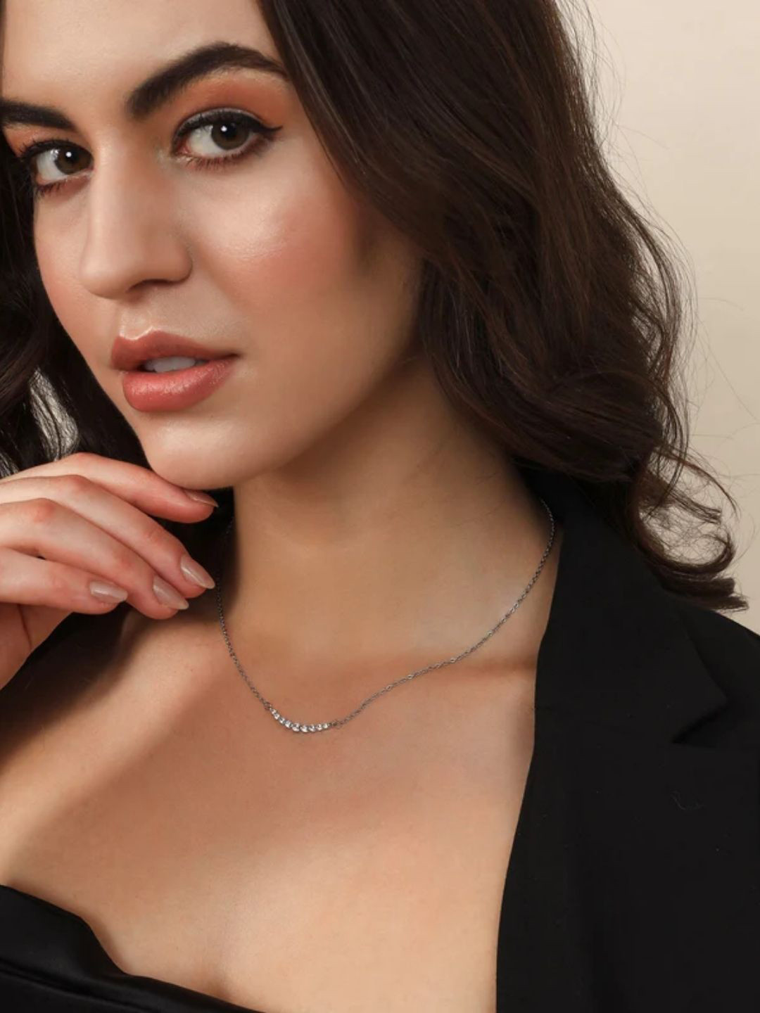 FAB COUTURE Silver-Plated Stainless Steel Artificial Stones Studded Waterproof Arc Chain