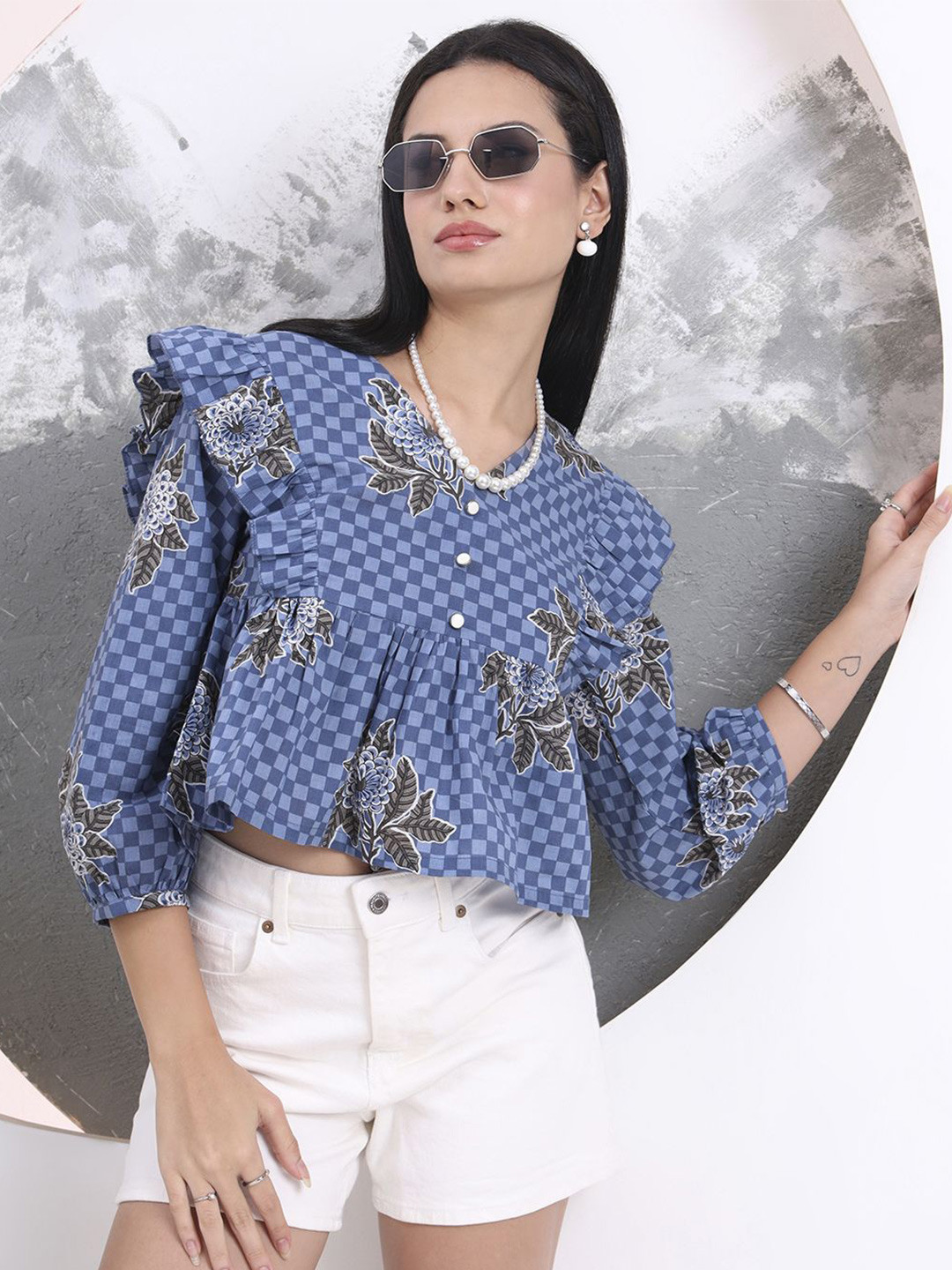 Yufta Women Checked Cotton Gathered or Pleated  Cape Top