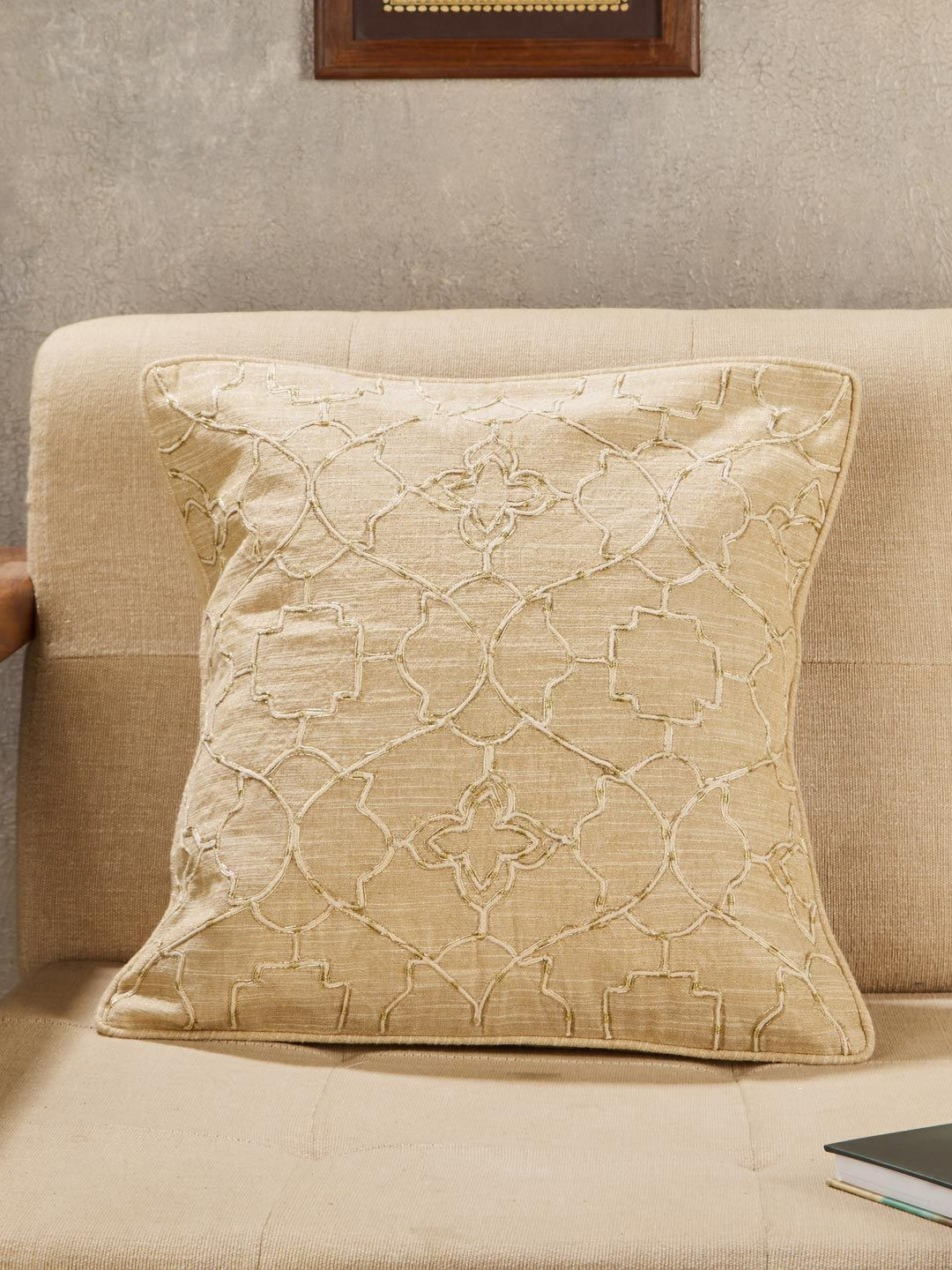Fabindia Zara Beige Embroidered Cotton Square Cushion Cover